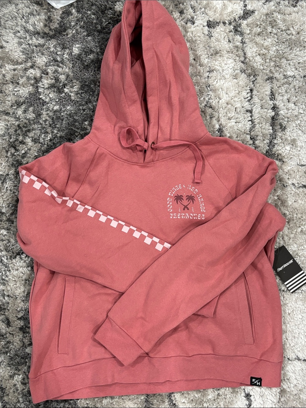 Women's Dusty Rose Hoodie Sweatshirt with Checker Sleeve